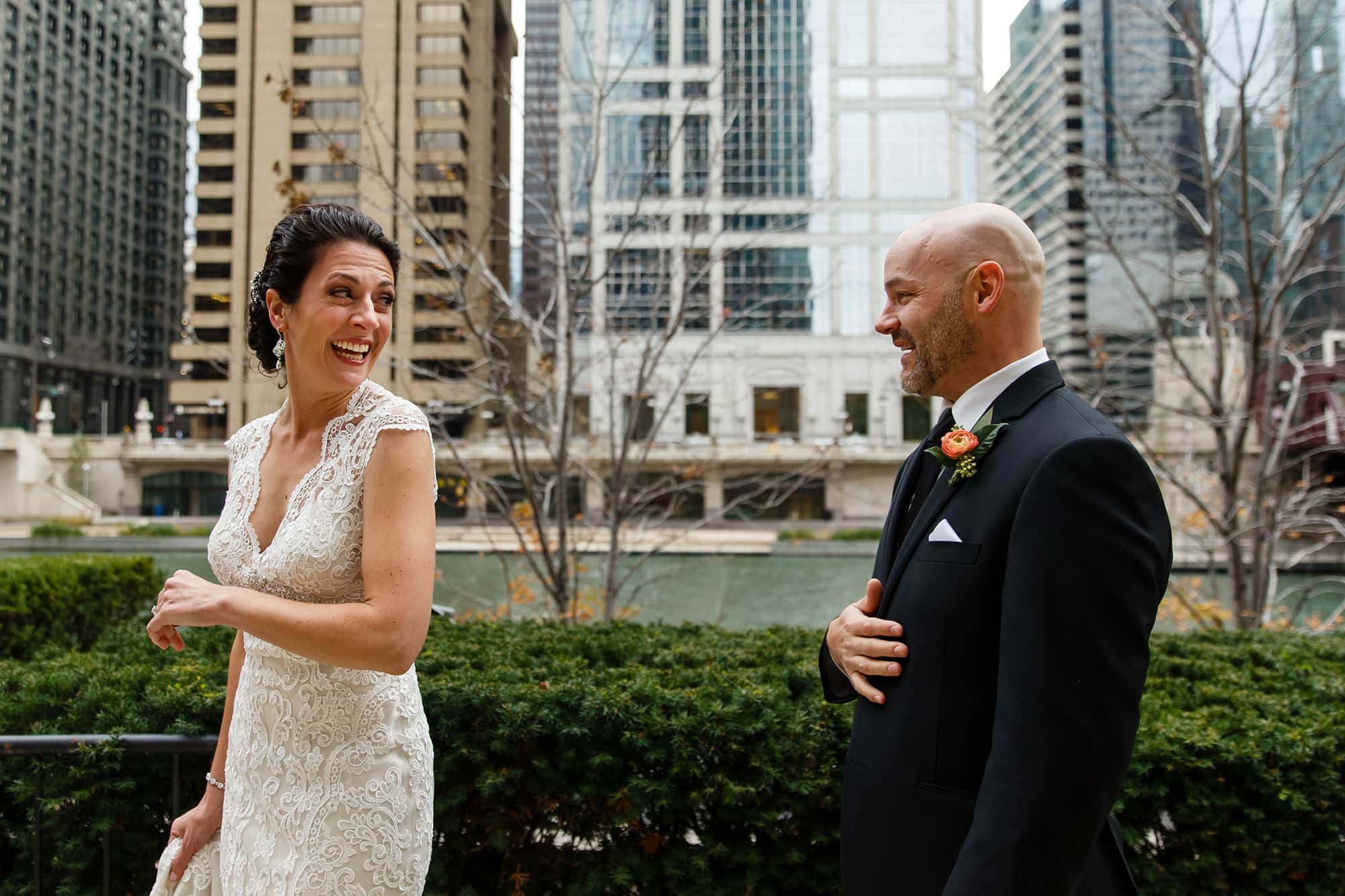 Christina and Brad see each other for the first time on their wedding day outside the Westin Chicago River North