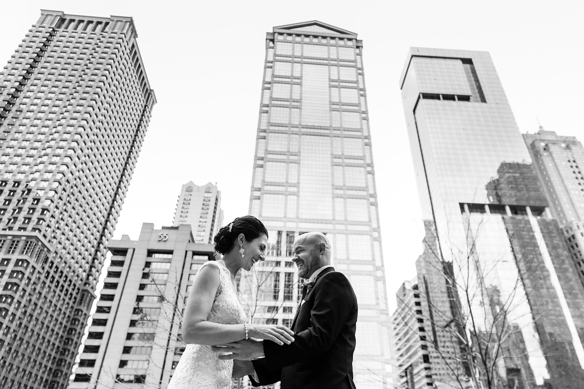 Christina and Brad see each other for the first time on their wedding day outside the Westin Chicago River North