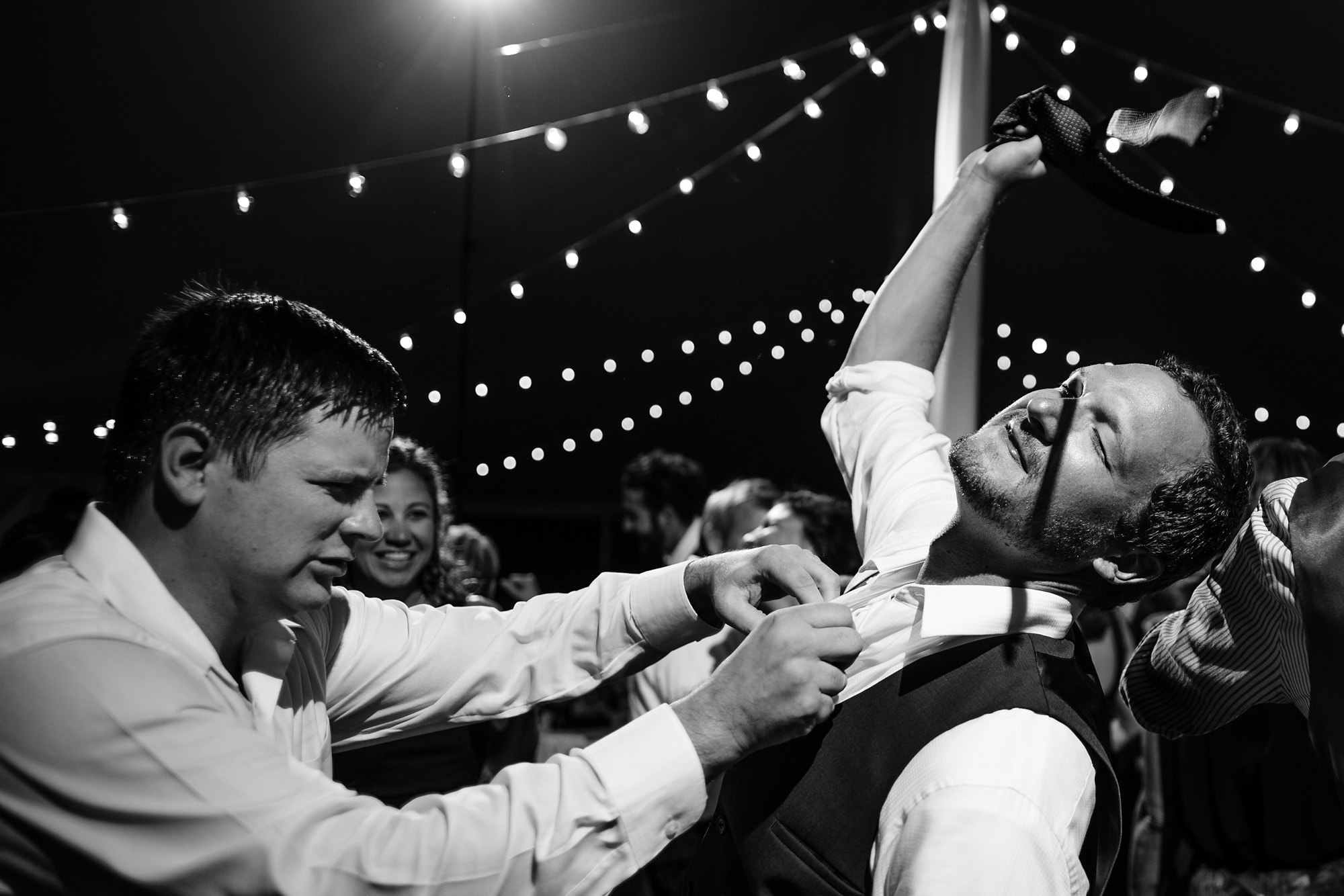 Wedding guests wave their ties in the air while dancing at the reception at Willor Harbor Vineyards in Three Oaks Michigan.