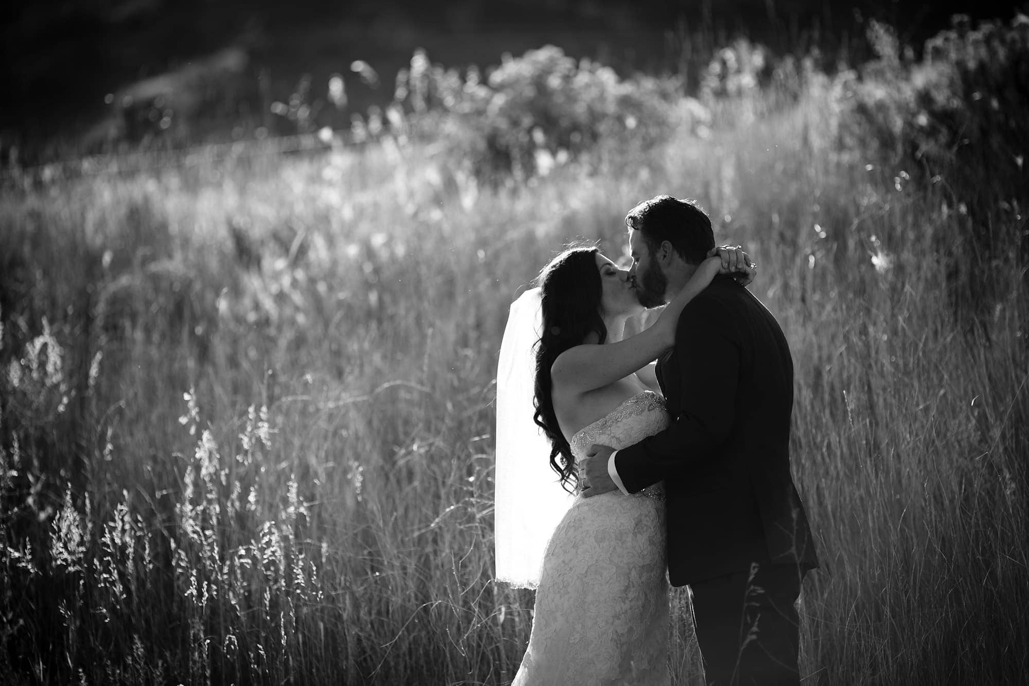 Blake and Gina kiss in the tall grass after their wedding under a tree in Morrison, Colorado