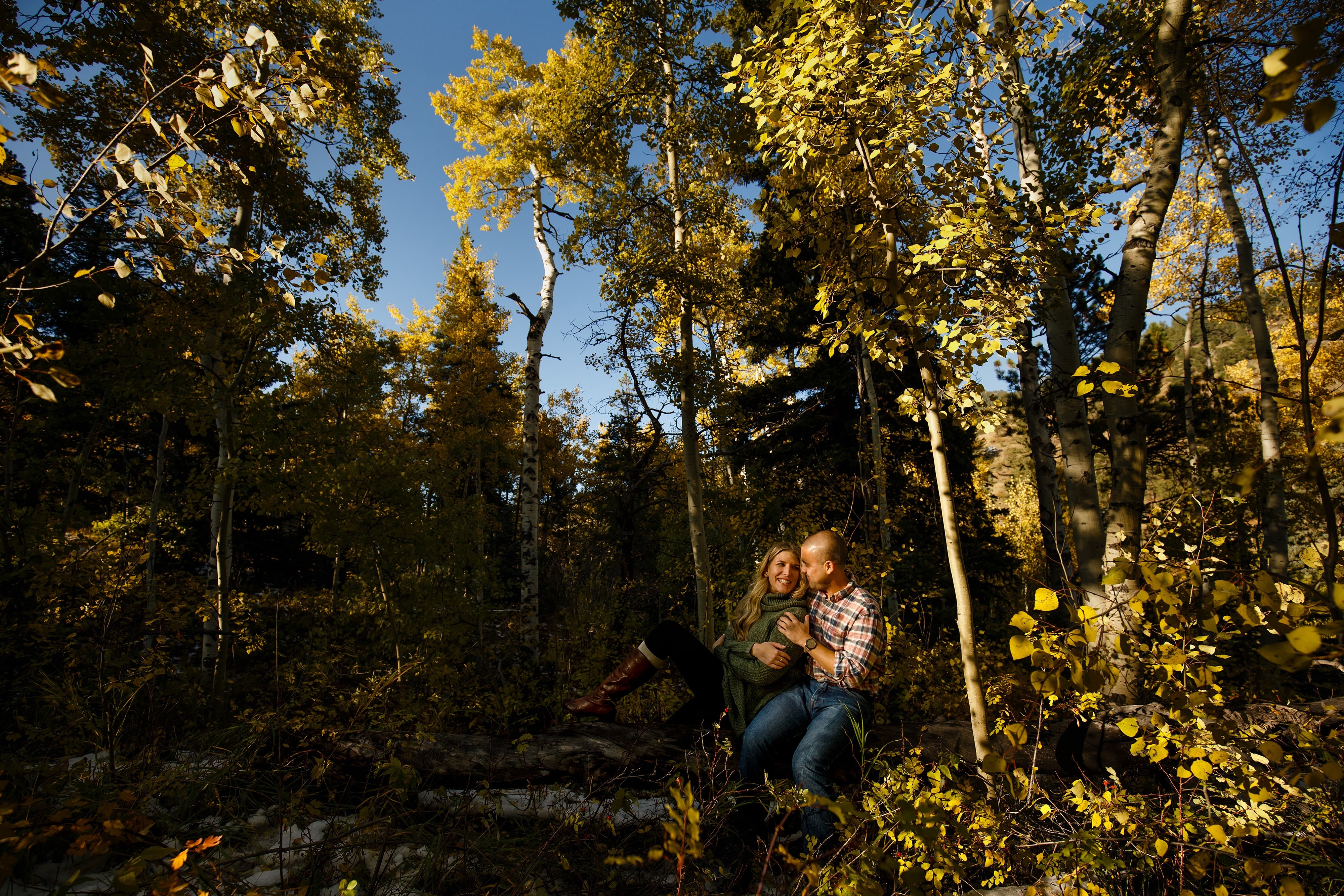 The couple cuddles on a log during their fall Golden Gate Canyon State Park engagement session