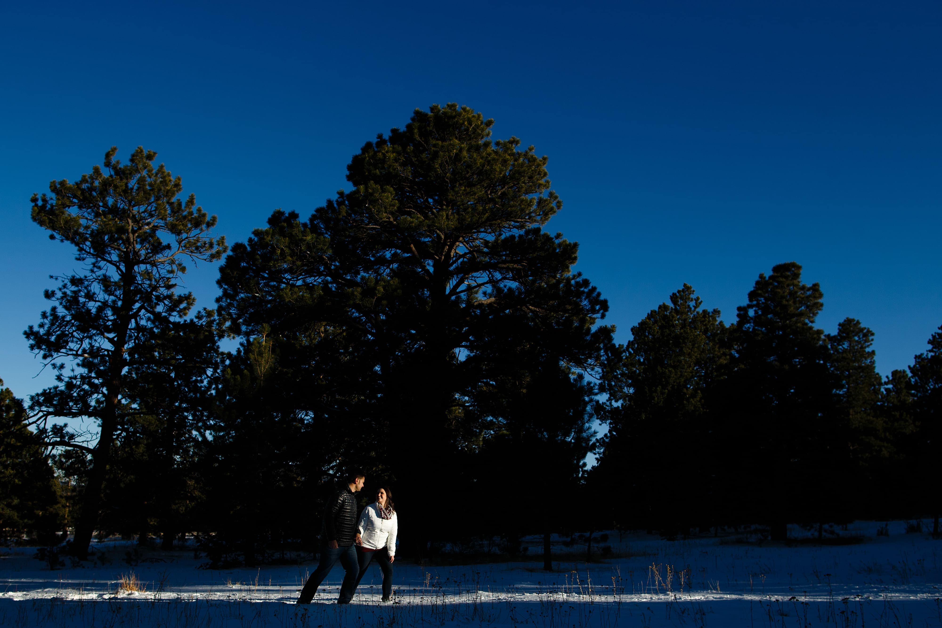 Melissa and Jordan walk together in the sunlight at Elk Meadow Park