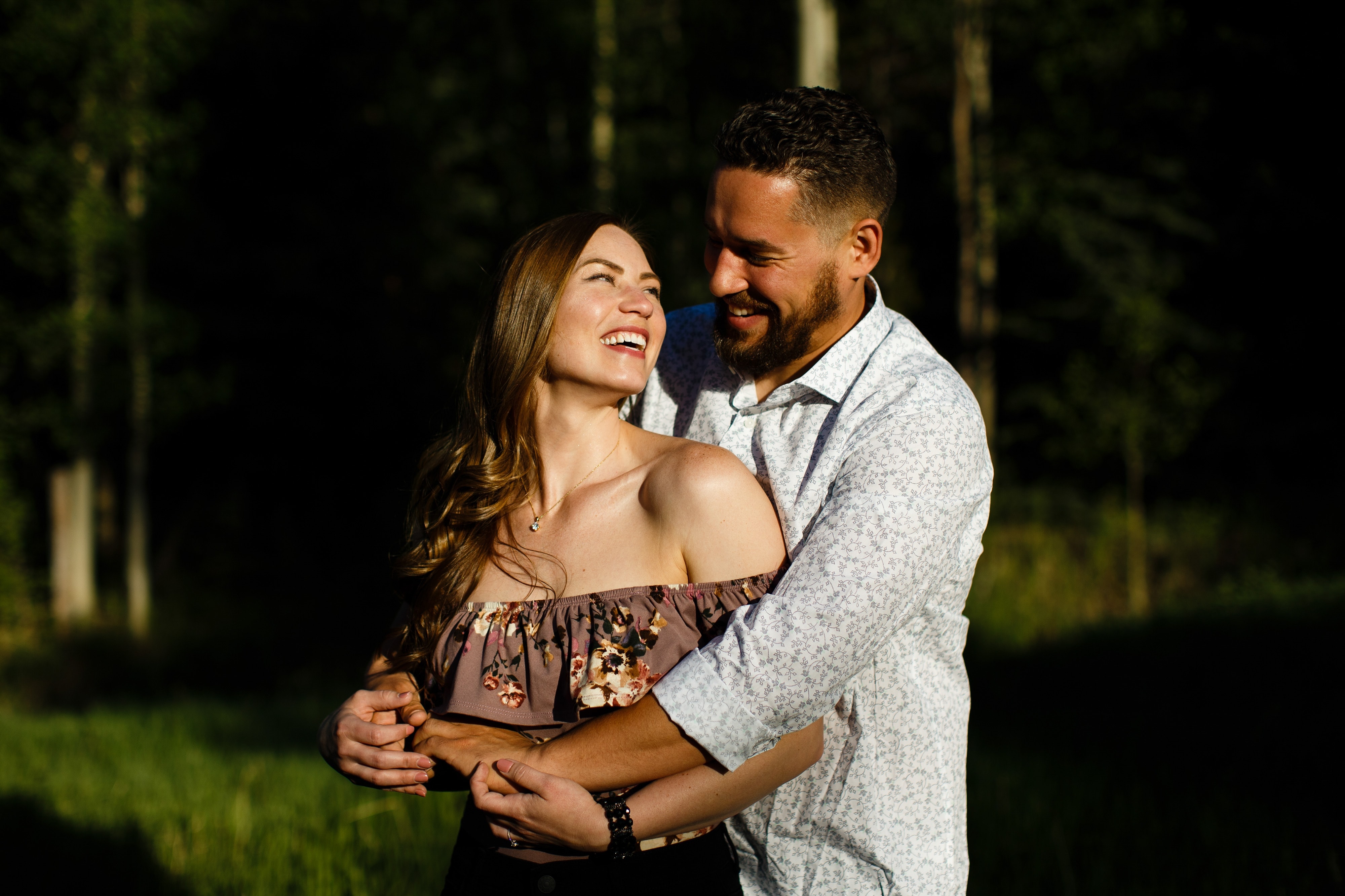 Sharon and Nick share a laugh together during their Golden Colorado engagment session