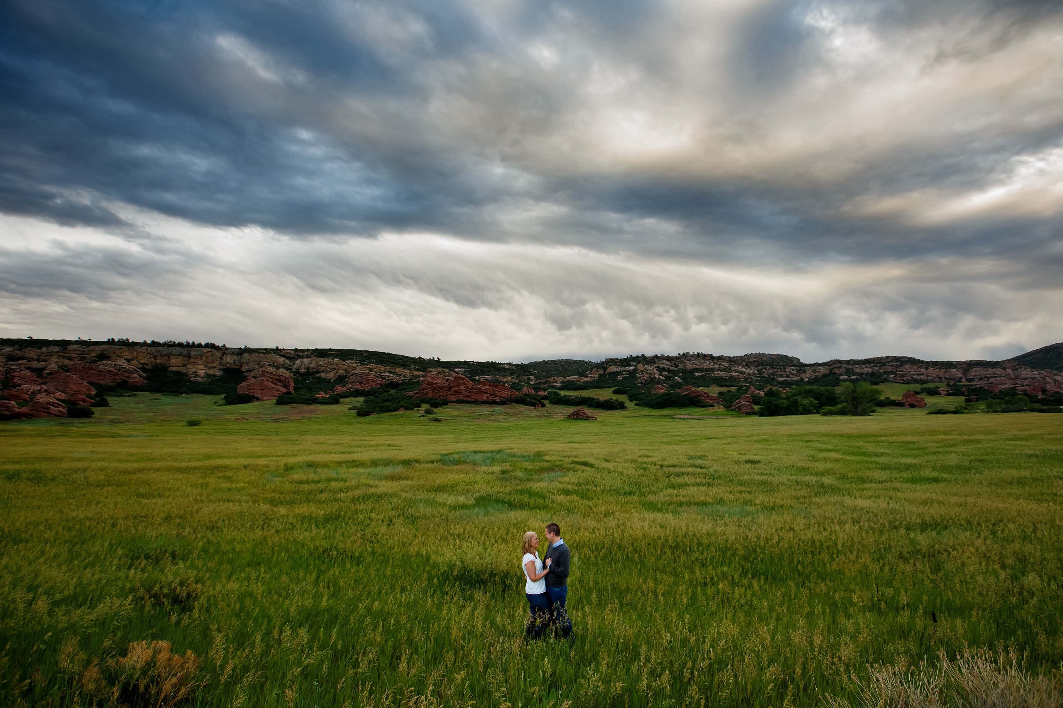 Emily and Ross stand in a meadow at Roxborough State Park