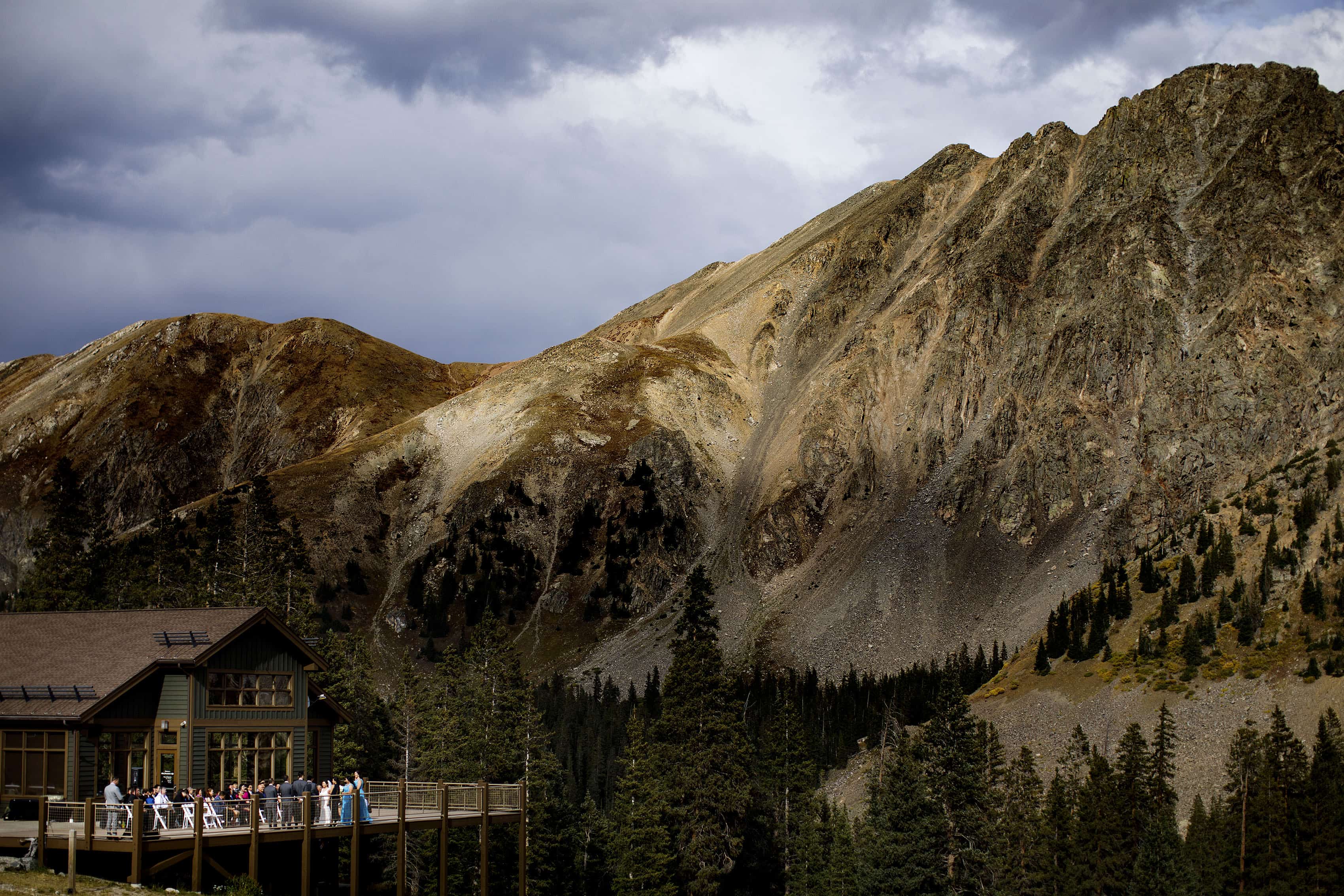 A view of David and Xinya's Arapahoe Basin wedding ceremony at Black Mountain Lodge in Colorado