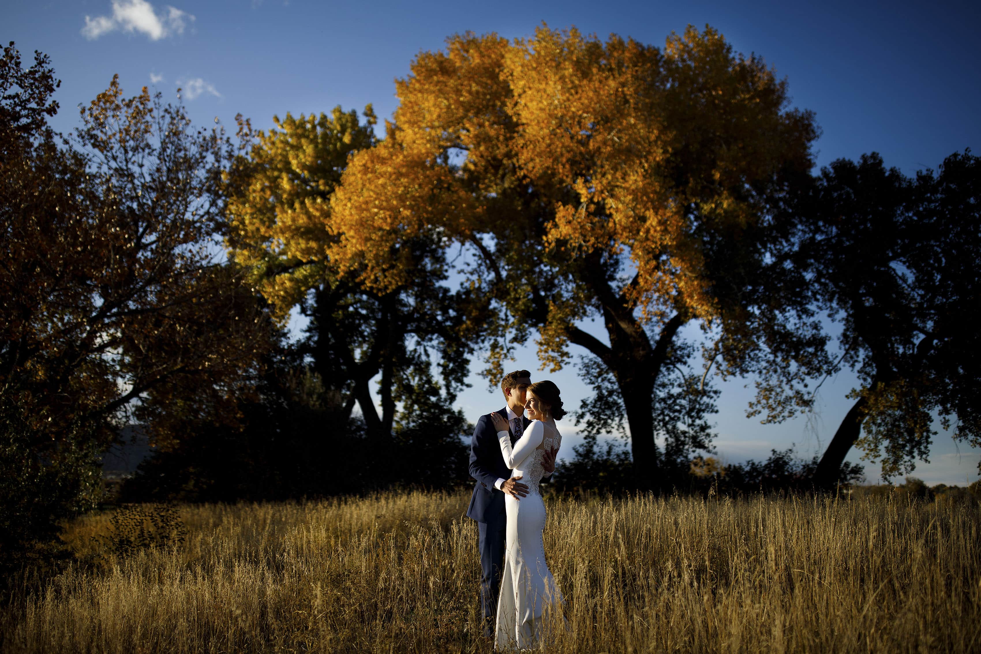 Mike kisses Jessica in a field near a colorful tree during their The Vista at Applewood Golf Course wedding day